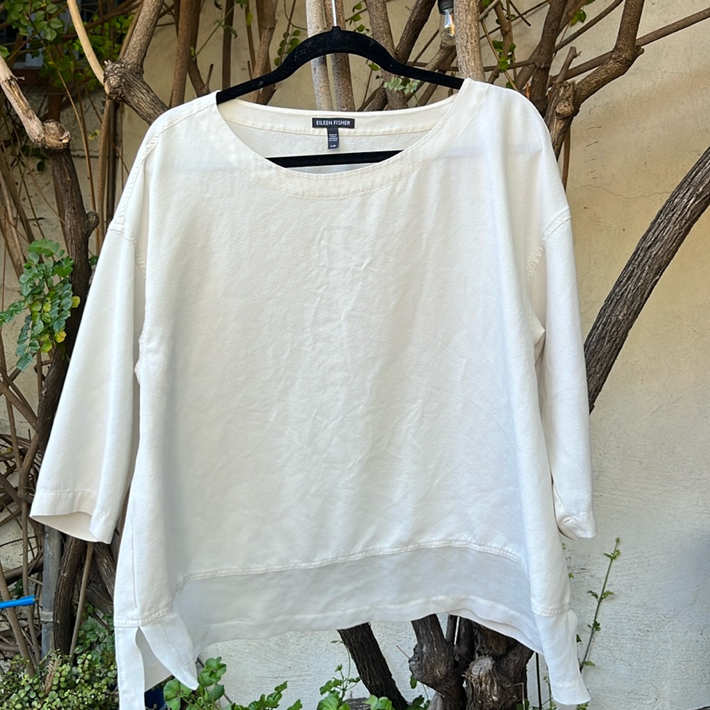 Eileen Fisher Silk Blouse With Sheer Bottom Panel. Size L